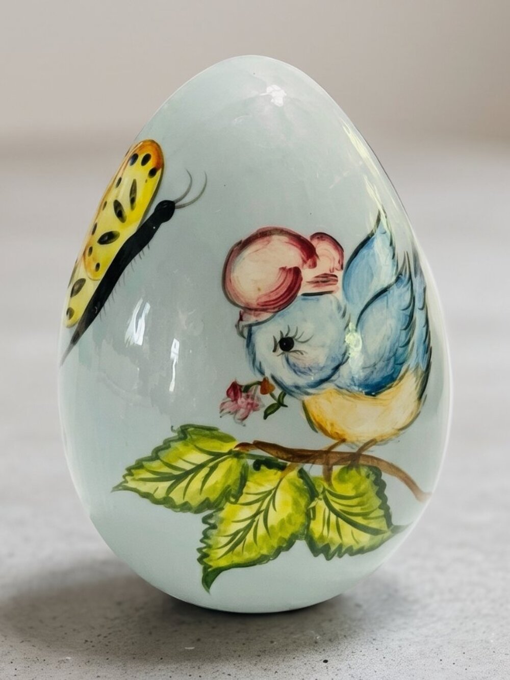 Vintage Artist Signed Hand Painted Ceramic Egg Bluebird Butterfly SH 89 5”